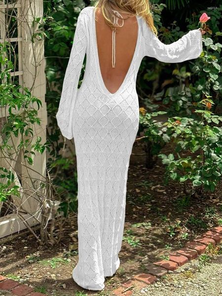 Vestidos casuais mulheres s longo malha vestido branco manga v pescoço backless oco noite bodycon férias praia