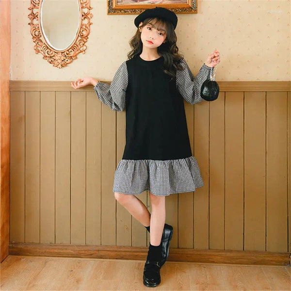 Vestidos de menina meninas outono preto xadrez retalhos manga longa escola casual para crianças de volta às roupas