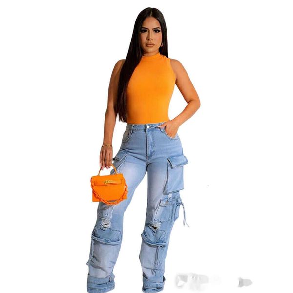 2023 novas mulheres denim calças de carga moda cintura alta reta rasgado jeans baggy pant estética multi-bolso calças femininas outfit