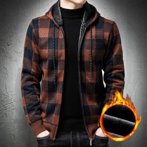 Männer Pullover Strickjacke Männer Koreanische Mit Kapuze Plaid Muster Vintage Stil Pullover Mantel Fleece Jacke Warme Dicke 231011