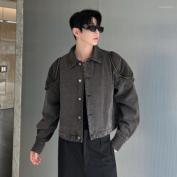 Männer Jacken Nische Mode Reißverschluss Schulterjacke für Männer Koreanische Streetwear Vintage Lose Kausal Kurz Grau Denim Jeans Mantel Frauen