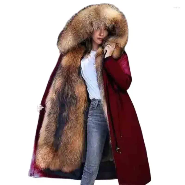 Женские плащи 2023, зимние свободные тонкие женские пальто с мехом енота длиной до колена на съемной подкладке, теплые и повседневные женские 5XL