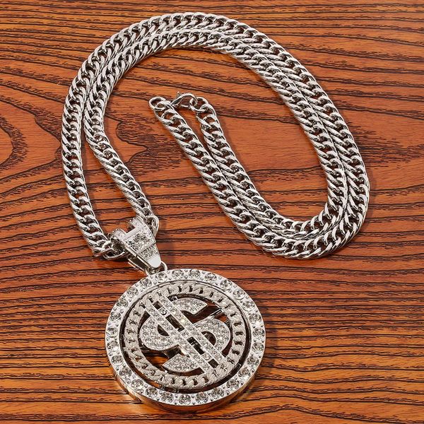 Anhänger Halsketten Hip Hop Rotierende Dollar Halskette Iced Out Gold Silber Farbe Lange Kette Männer Frauen Rock Rapper Schmuck 231011