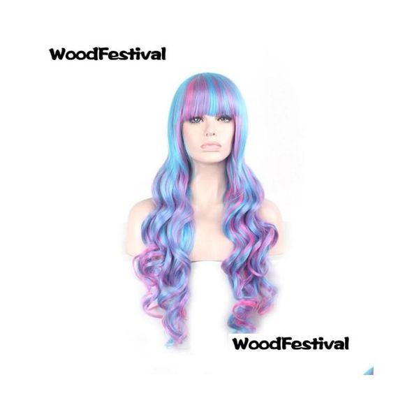 Parrucche sintetiche Woodfestival Parrucca lunga riccia Ombre Parrucche per capelli in fibra sintetica Blu Rosa Colore misto Lolita Cosplay Donna Frangia 80Cm9091995 Dhpbs