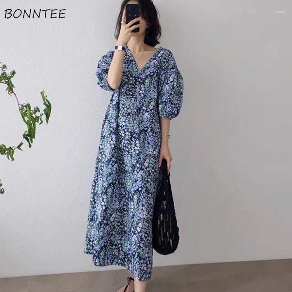 Sıradan elbiseler elbise kadınlar basit çiçek yaz all-mwch boş eğlence ulzzang chic moda orta yüzyüzü puf-kollu sundress tatil harajuku