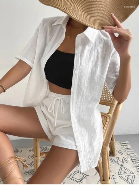 Mulheres sleepwear algodão verão mulheres pijamas cor sólida solto encaixe casual 2 peças shorts rendas até senhora homewear vestindo fora