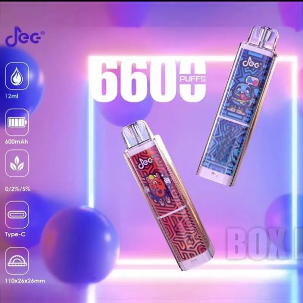 Оригинальные одноразовые электронные сигареты JEC BOX 6600 Puffs с перезаряжаемой батареей емкостью 600 мАч, предварительно заполненный комплект 12 мл со светодиодной подсветкой, светящаяся ручка для слоек