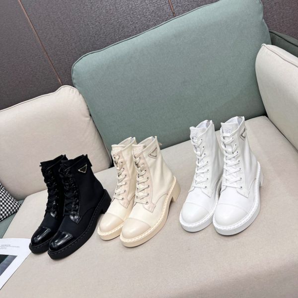 Дизайнерские женские длинные сапоги до колена, сексуальные модные ботинки из матовой кожи и нейлона, черно-белые армейские резиновые ботинки с треугольным логотипом, зимние ботинки Martin, 35-41