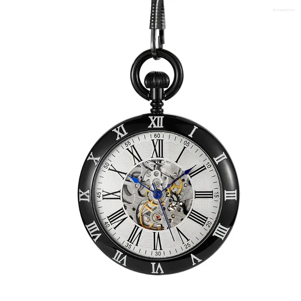 Orologi da tasca Lussuosi numeri romani Orologio meccanico Uomo Donna Nero Steampunk Collana con ciondolo vintage Regali per