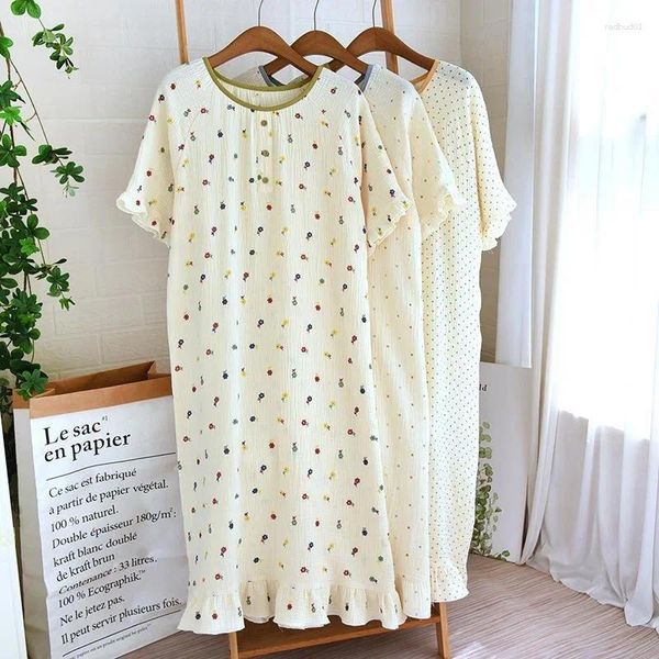 Mulheres sleepwear verão estilo coreano solto nightdress mulheres em torno do pescoço floral impresso camisola fina roupão pijamas nightwear doce robe