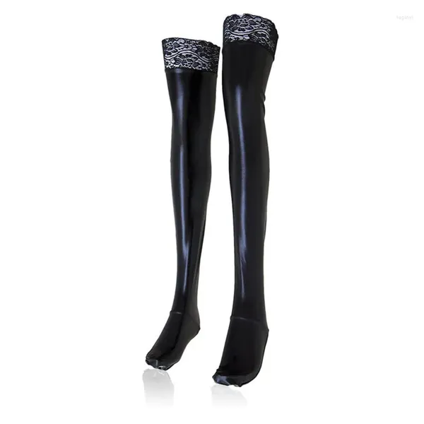 Fontes de festa S-2XL plus size rendas silicone sexy meias de látex senhoras preto falso couro coxa alta medias feminino longo