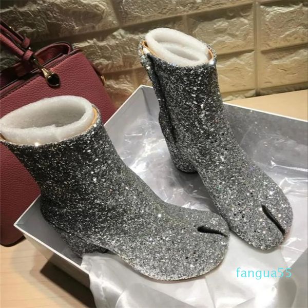 2023-Stivaletti elastici con punta divisa tonda in vera pelle Bling Laser con paillettes Party Tabi Stivali con tacco alto Scarpe da donna