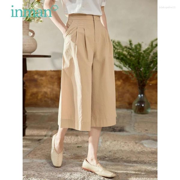 Женские брюки INMAN, женские летние брюки 2023 с высокой талией, свободные полубрюки, модные повседневные универсальные брюки цвета хаки в стиле ретро, темно-синие брюки