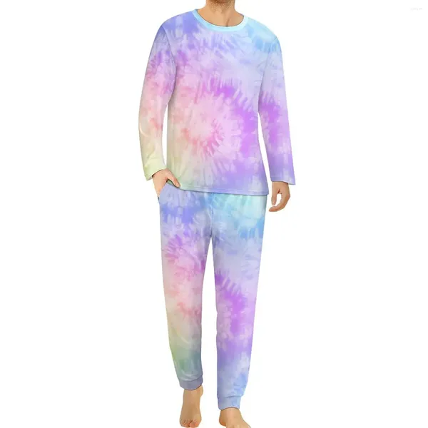 Pijamas masculinos Pastel Tie Dye Pijama Homens Espiral Impressão Quente Nightwear Inverno Mangas Compridas Duas Peças Casual Conjuntos de Pijama Gráfico Tamanho Grande