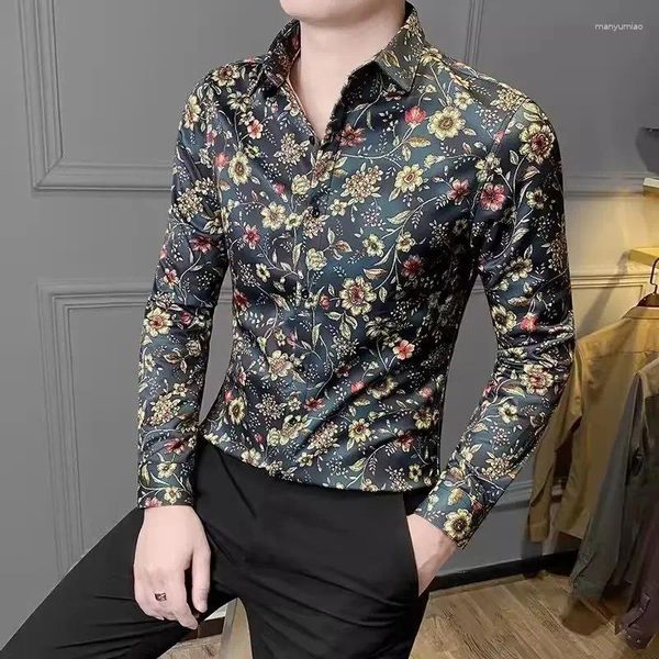 Camicie casual da uomo Camicia hawaiana a maniche lunghe Stampata rosa dorata Moda uomo Camicetta da spiaggia di lusso Camicette floreali Abbigliamento Fiore