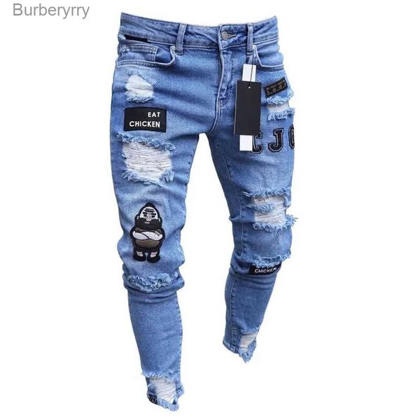 Мужские джинсы Мужские эластичные рваные зауженные джинсы с байкерской вышивкой и принтом с разрушенными отверстиями, заклеенные лентой, облегающие джинсы, поцарапанные, высокого качества JeanL231011