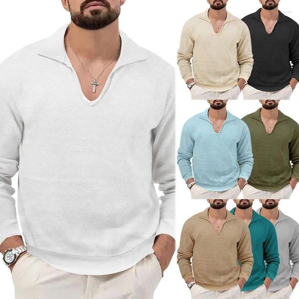 T-shirt da uomo Polo Waffle T-shirt a maniche lunghe scozzese con scollo a V tinta unita Colletto rovesciato Top Autunno e inverno Abbigliamento caldo