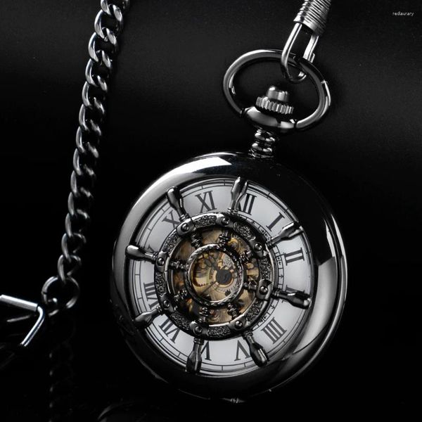 Карманные часы Винтажные черные механические ручные часы с черным рулем Золотые римские цифровые циферблаты с черепом Подвеска Автоматические антикварные часы