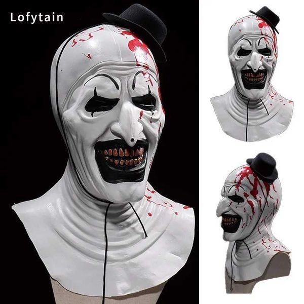 Máscaras de festa Lofytain Horror Terrifier Art The Clown Mask Cosplay Creepy Bloody Demon Evil Joker Chapéu Capacete de látex Halloween Party Props T231012