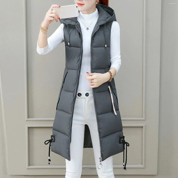 Trench da donna Cappotto solido casual Gilet invernale da donna Cappotto Tasca con cerniera con cappuccio Allentato senza maniche Lungo imbottito Abbigliamento femminile Parka