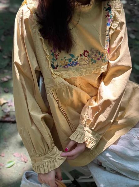 Blusas femininas primavera outono 2023 mulheres vintage mori kei meninas doce solto floral bordado renda retalhos algodão confortável
