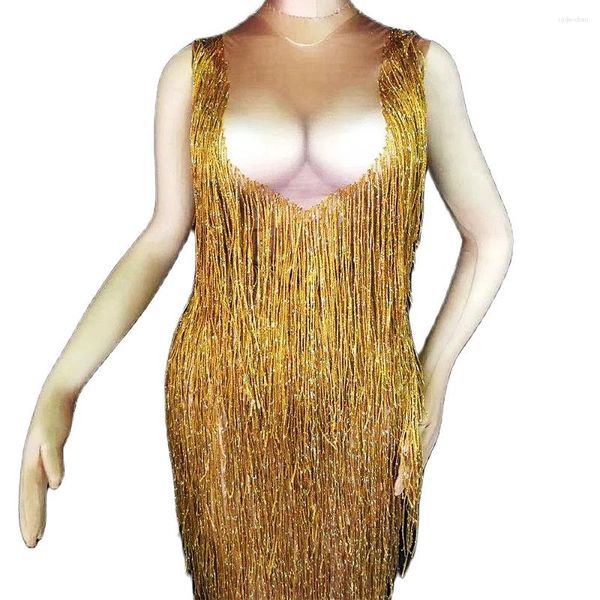 Sahne Giyim Altın Rhinestones Uzun Tassel Elbise Kolsuz Sırtsız Bölünmüş Çatal Elbiseler Bayanlar Dance Costume Party Akşam
