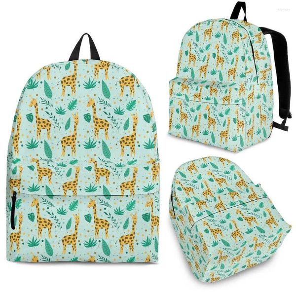 Mochila yikeluo na moda onda ponto dos desenhos animados girafa monstera planta com zíper estudante saco de livro casual viagem mochila presente