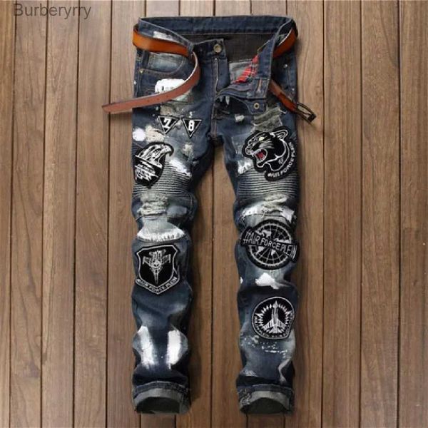 Jeans masculinos nova moda masculina costura boate estilo casual moda bordado tigre cabeça sem elástico magro pequeno perna reta jeansl231011