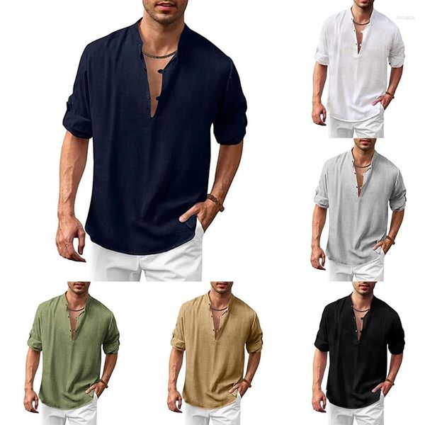 Camisa masculina de linho de algodão casual praia manga longa camiseta outono primavera cor sólida decote em v tops moda