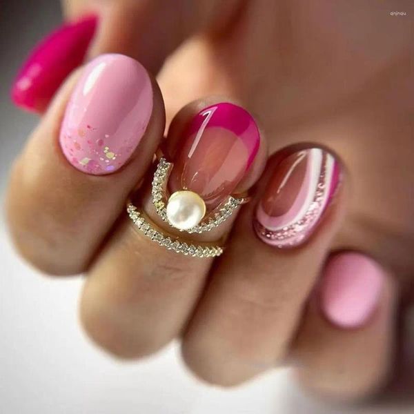 Unghie finte lunghe ovali staccabili colorate francesi finte rosa ondulate con copertura completa per unghie fai da te