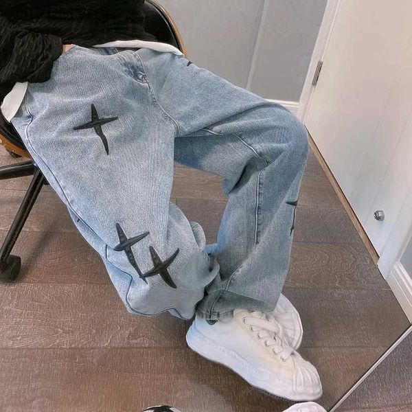 Calças de brim masculinas calças retas moda coreana jeans baggy hip hop solto calças de perna larga cintura elástica dent denim calças l231011