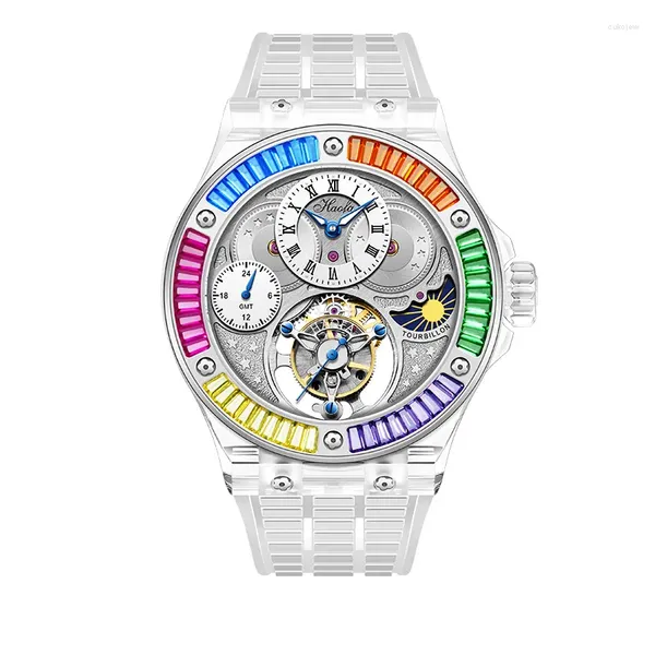 Armbanduhren Haofa Hohl Tourbillon Mechanische Uhr für Männer Luxus K9 Kristall GMT Mondphase Saphir Bunte Wasserdichte Manuelle 2101