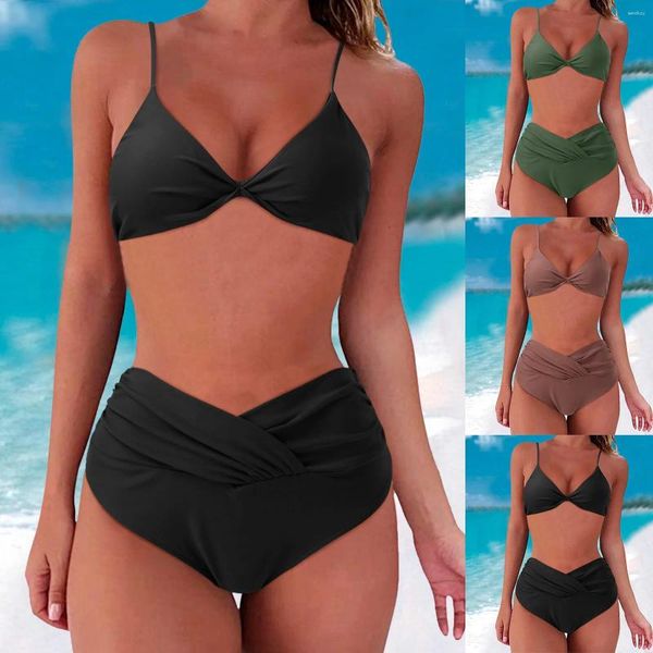 Costume da bagno da donna 2023 Costume da bagno diviso Sexy reggicalze a pieghe Bikini solido Vacanza al mare