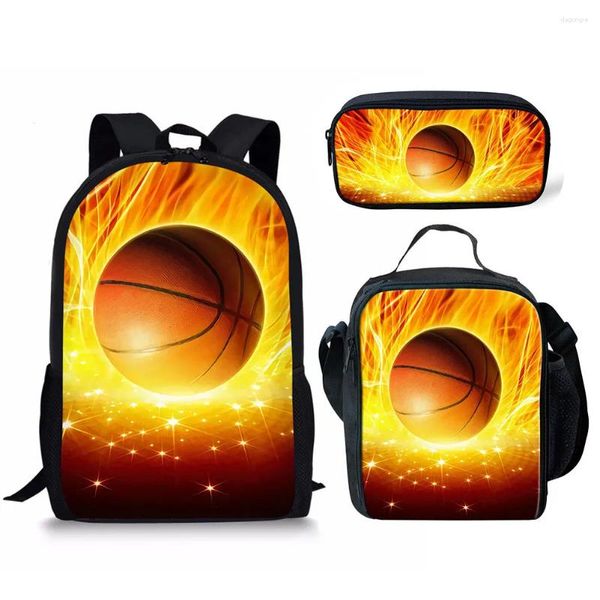 Mochila clássico gelo fogo basquete bola 3d impressão 3 pçs/set pupila sacos de escola portátil daypack almoço saco lápis caso