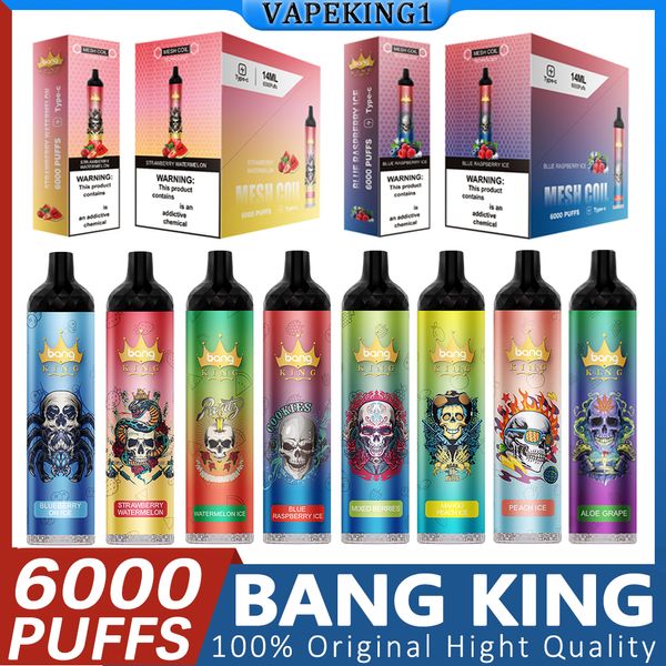 Bang king 6000 Puffs Электронная сигарета Перезаряжаемая одноразовая сетчатая катушка для вейпа 0% 2% 3% 5% 1100 мАч Аккумулятор Предварительно заполненные картриджи емкостью 14 мл Электронные сигареты Ручка-устройство 6k