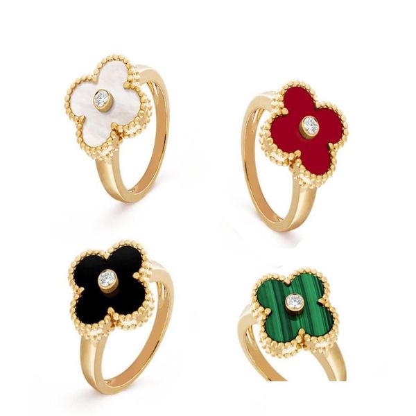 Anéis de banda Lucky Clover Ring Fourleaf Cleef Love Anéis de ouro para mulheres Mens Luxury Wedding Rings6070390 Jóias Anel Dhq3D