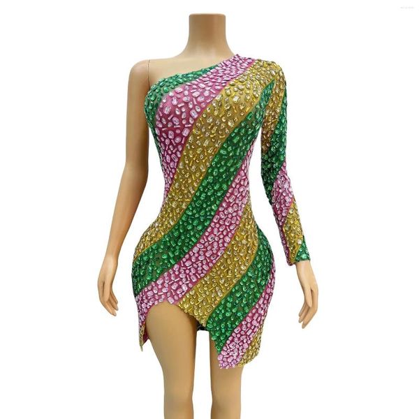 Palco desgaste sexy multi-cor strass mangas únicas vestido mulheres dançarino mostrar traje aniversário celebrar noite curto chuncai