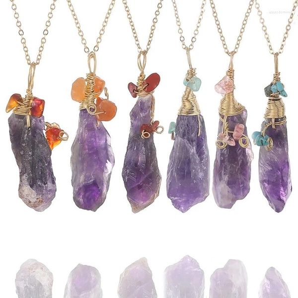 Ожерелья с подвесками, неполированные нерегулярные рейки, натуральный фиолетовый кристаллический камень, ювелирные изделия в проволочной оболочке для женщин