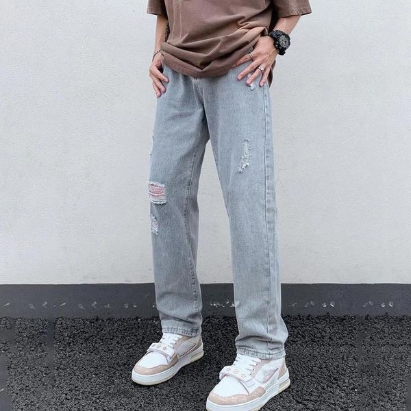 Jeans da uomo TFETTERS Estate stile coreano uomo largo gamba dritta vita media moda sottile strappato streetwear hip hop pantaloni casual