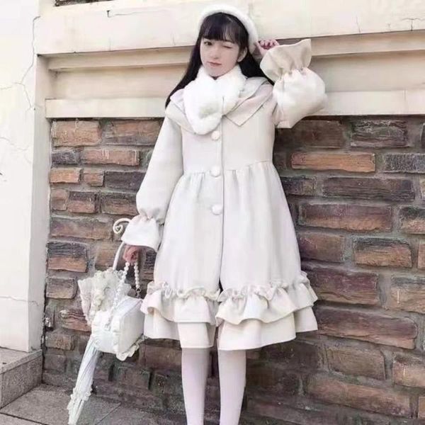 Damenjacken, Winter-Wollmantel, japanischer Lolita-Stil, süße Rüschenbesatz, lose weibliche elegante Herbst-koreanische Mode-Outwear