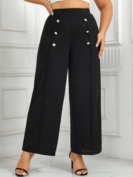 Broek Zwart Plus Maat Voor Dames Hoge Taille Knop Rechte Enkellange Broek Elegante Mode Woon-werkverkeer Kantoor Dame Kleding