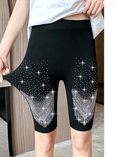 Damen-Leggings, sexy Frauen, glänzendes Strass-Design, schwarze Skinny-Fitness-Strumpfhose, kurze Stretch-Hosen, hochwertige Workout-Leggins