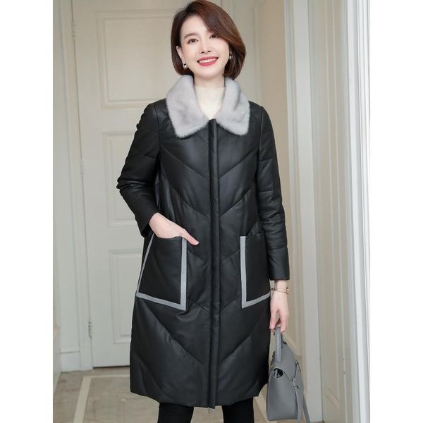 Haining leather down jacket female medium -long knee mink hair collar winter new sheepskin fashion lady leather jacket
