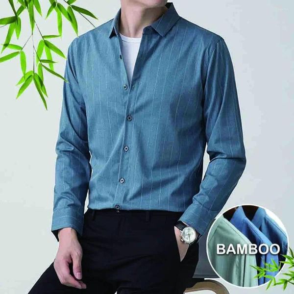 Camisas casuais masculinas 34% fibra de bambu 58% poliéster e blusas manga longa roupas de negócios para homem de escritório listrado roupas masculinas azul