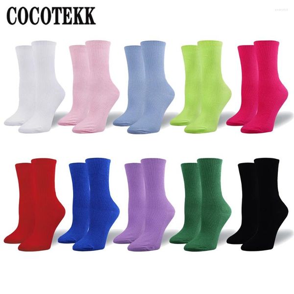 Meias femininas moda tendência rua algodão solto empilhado brilhante neon rosa verde colorido longo cores sólidas macio fluorescente