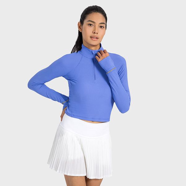 L-W028 ŞERTED Uzun Kollu Gömlekler Yarım Zip Sweatshirts Hafif Sıcaklık Kırpılmış Ceket Bel Uzunluğu İnce Fit Yoga Üstleri Thumbhole ve Bilek Yansıtıcı Şeritler