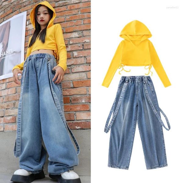 Bühnenkleidung Jazz Tanzen Outfits Gelber Hoodie Crop Top Lose Hosenanzug Kind Ballsaal Hip Hop Tanzkostüme Rave Kleidung DQS14311