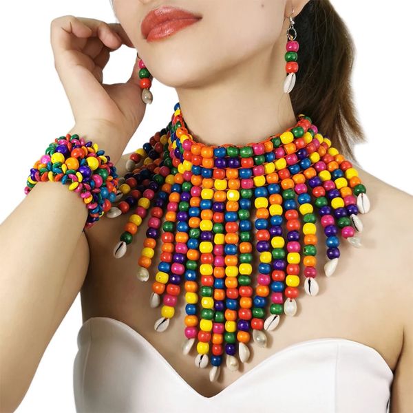 Conjuntos de jóias de casamento Bohemian Multicolor Woods Moda para Mulheres Beads Shell Tassel Declaração Gargantilha Colar Brincos Pulseiras Africano 231012