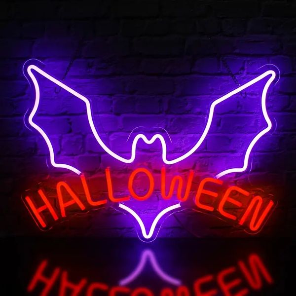 1pc Insegne al neon con pipistrelli di Halloween, Luci al neon a LED per decorazioni da parete, Lettere alimentate tramite USB Insegne al neon decorative, Per decorazioni di Halloween Camera da letto Man Cave Decorazioni per feste