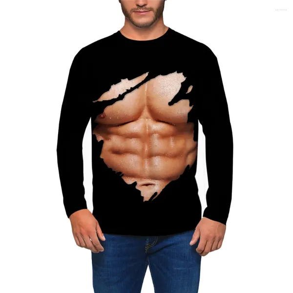 Мужские футболки, мужской пуловер с длинными рукавами, имитация мышечного принта, рубашка с сильной татуировкой, блузка с круглым вырезом, спортивная одежда, футболка, мужские футболки